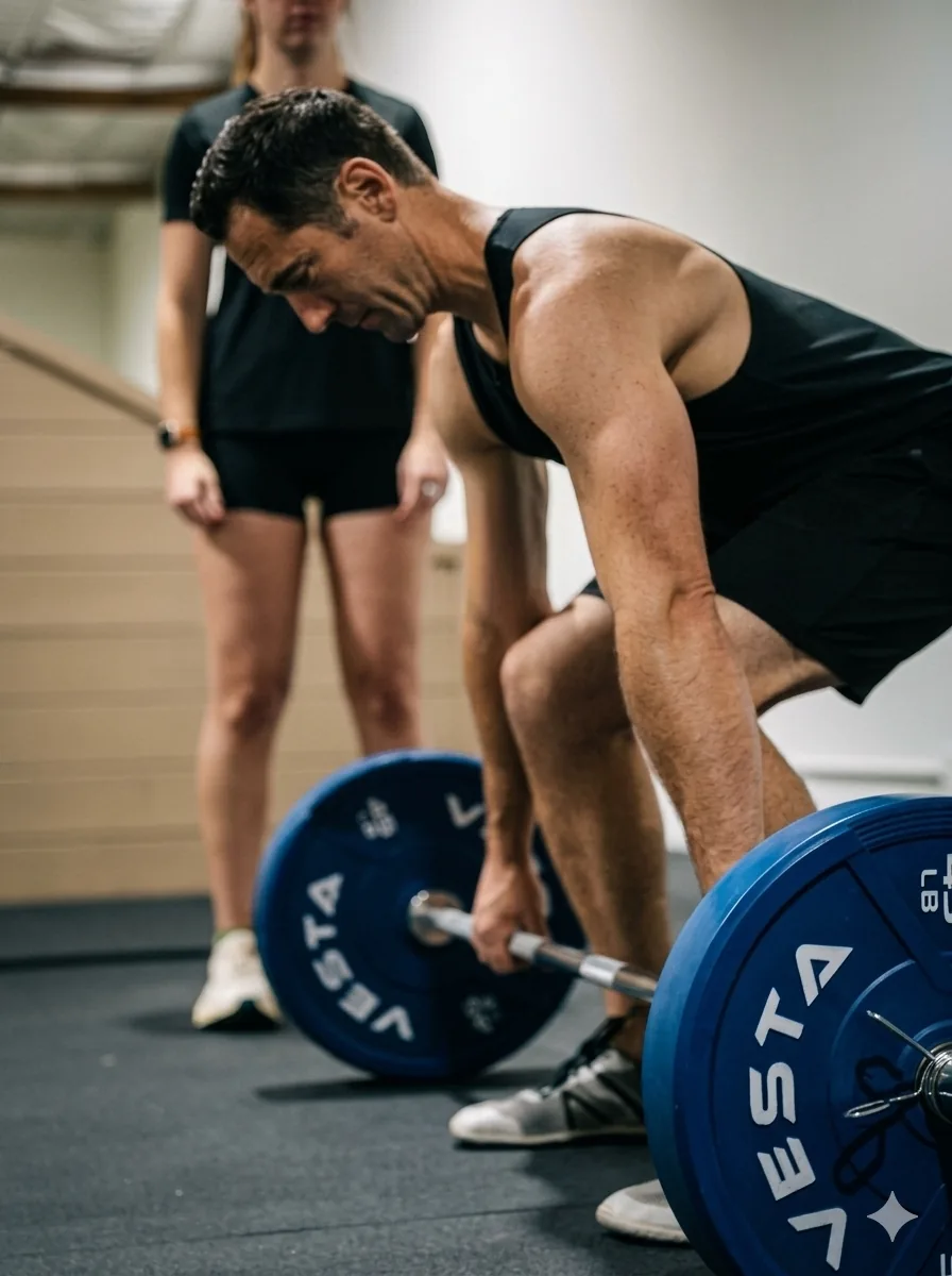 A coach watching a golfer set up for a barbell deadlift in the training area